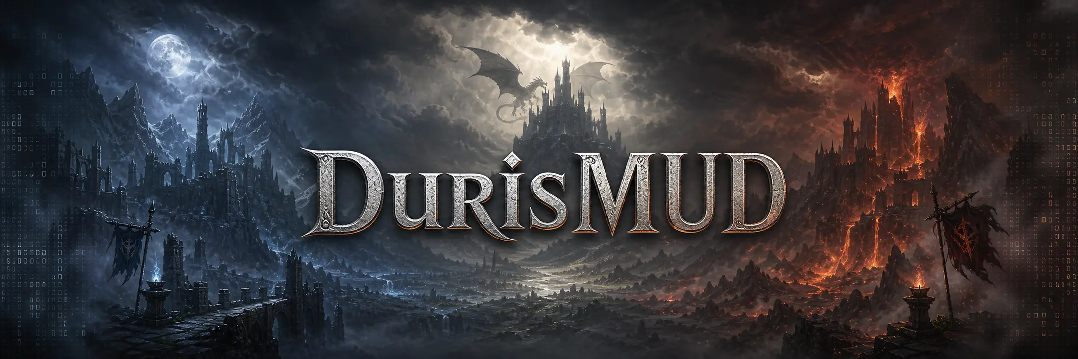 DurisMUD - a dragon circles a citadel between moonlit ruins and a volcanic fortress